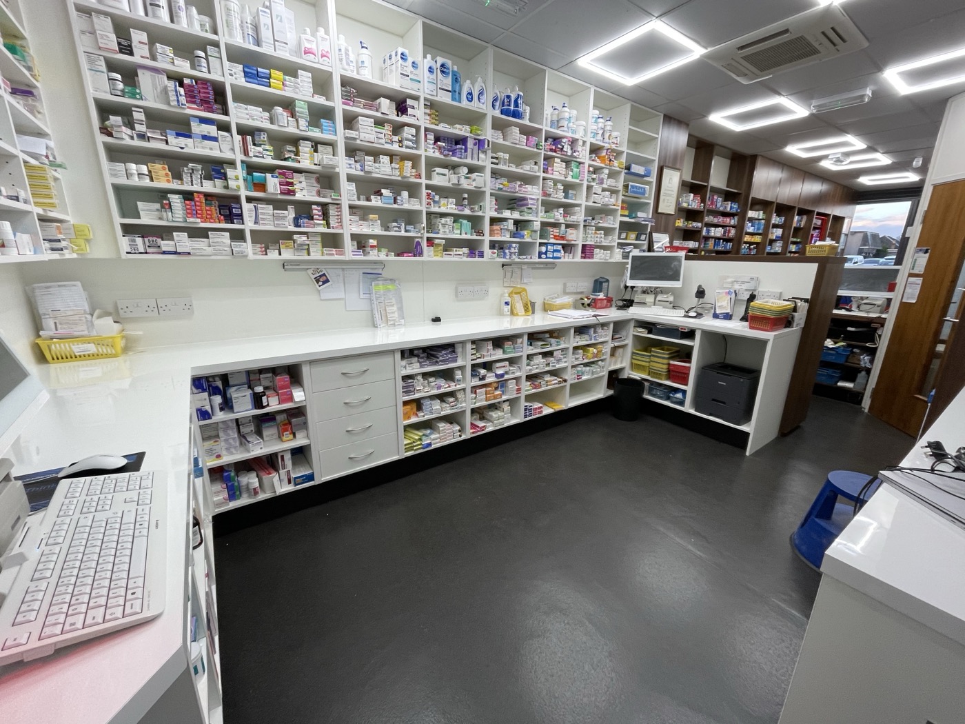 Dispensary shelves at Muirend Pharmacy