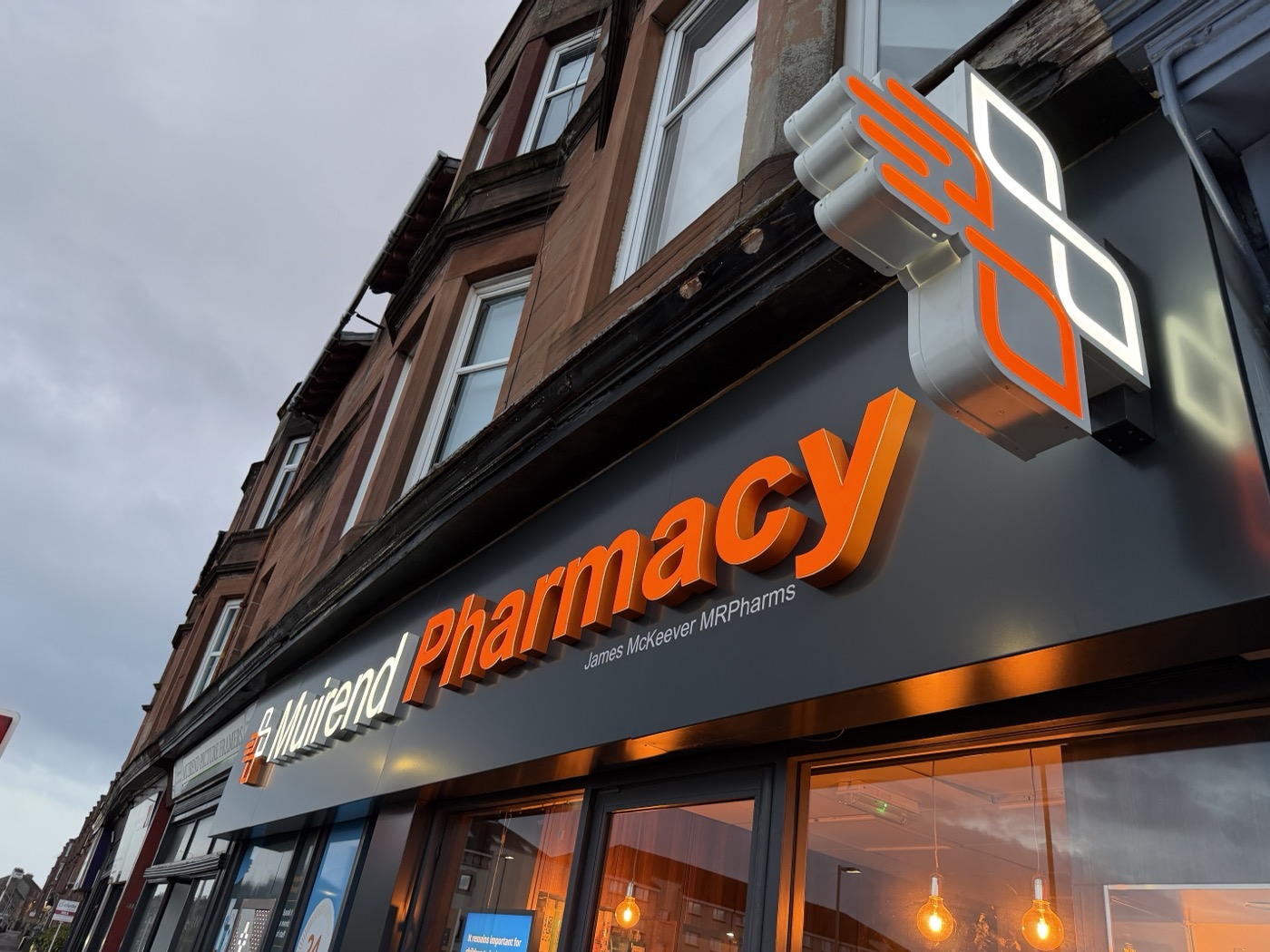 Muirend Pharmacy signage at 521–523 Clarkston Road, Glasgow